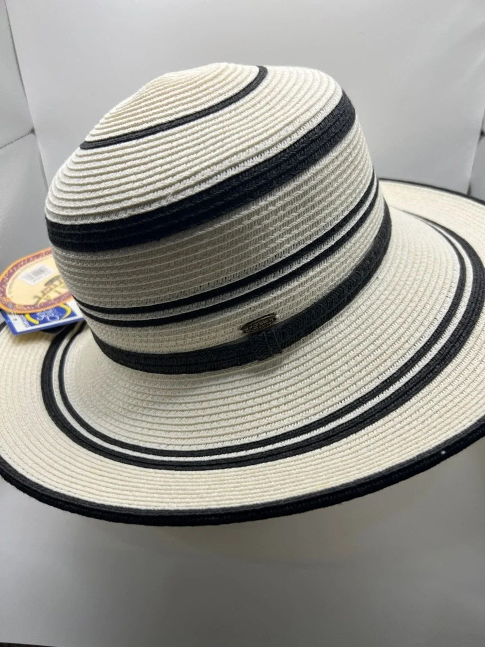 032. Scala Striped Wide Brim Sun Hat Black & White